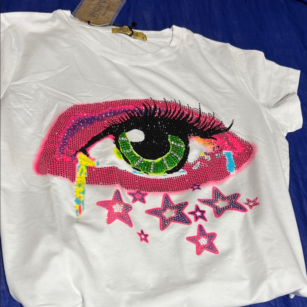 Vinizbena White Graphic Tee with Neon Eye and Star Design